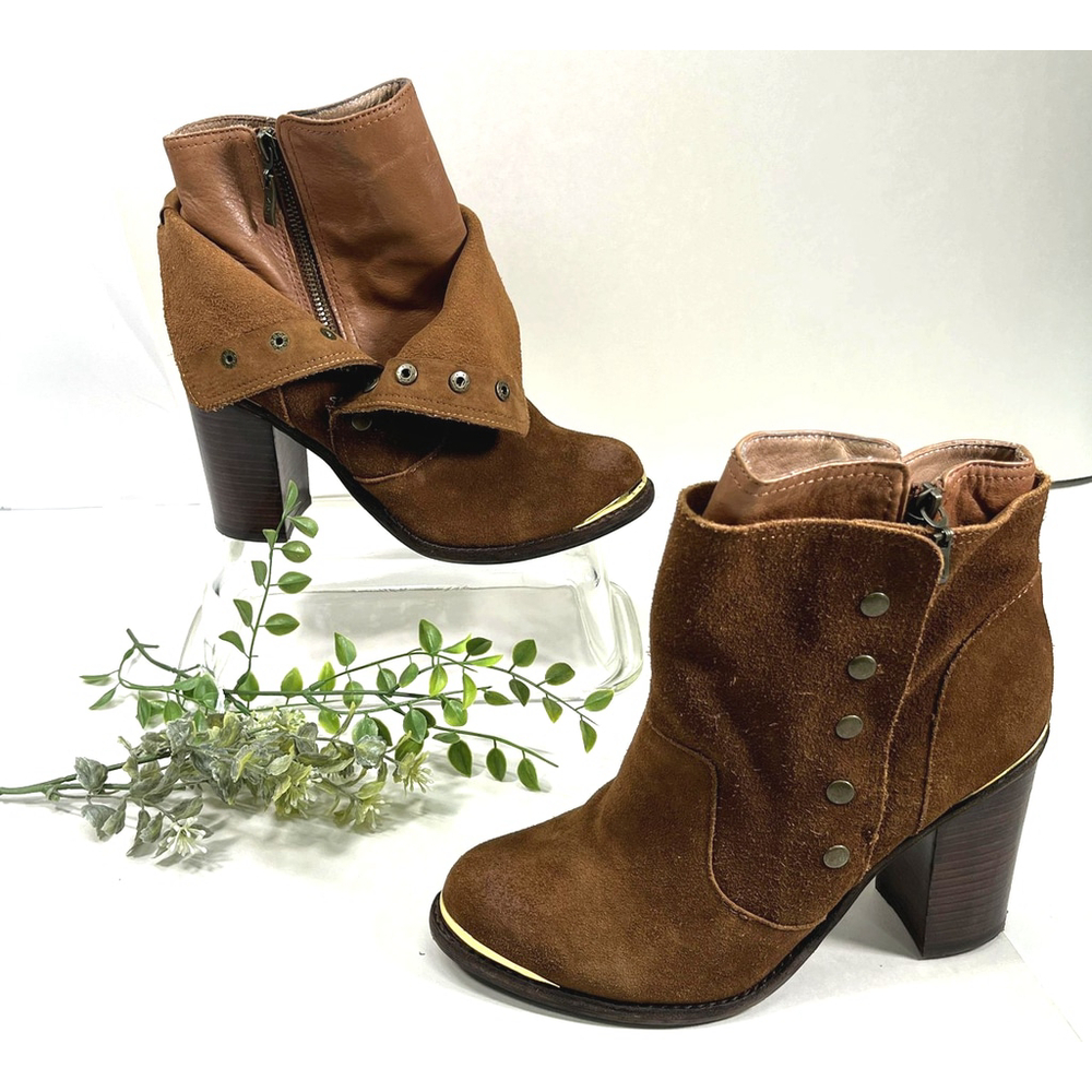 Zigi Girl Brown Suede Booties Boots Womens Size 9 Zip Snap Layer Toe Cap - Picture 2 of 16